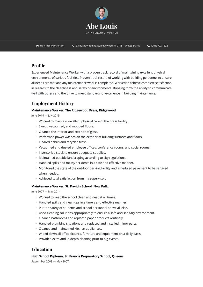 Sample Resume for Highway Maintenance Worker Maintenance Worker Resume Examples & Writing Tips 2021 (free Guide)