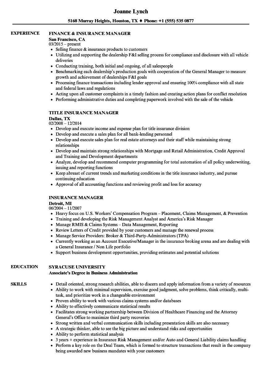 insurance manager resume sample