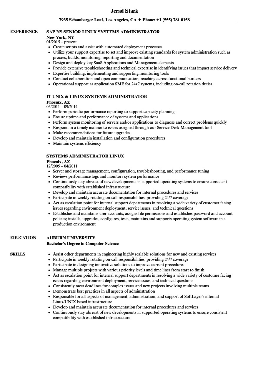 linux systems administrator resume