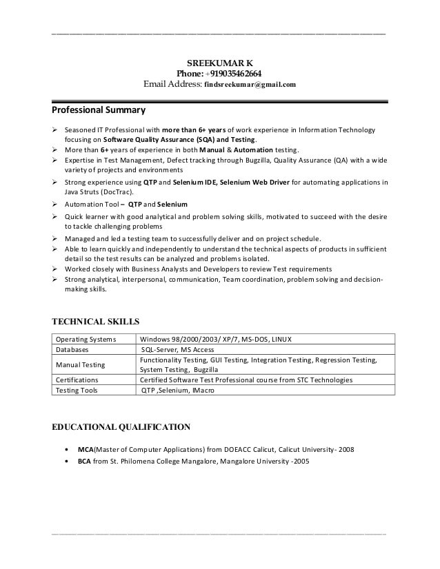 resume for software testing with one