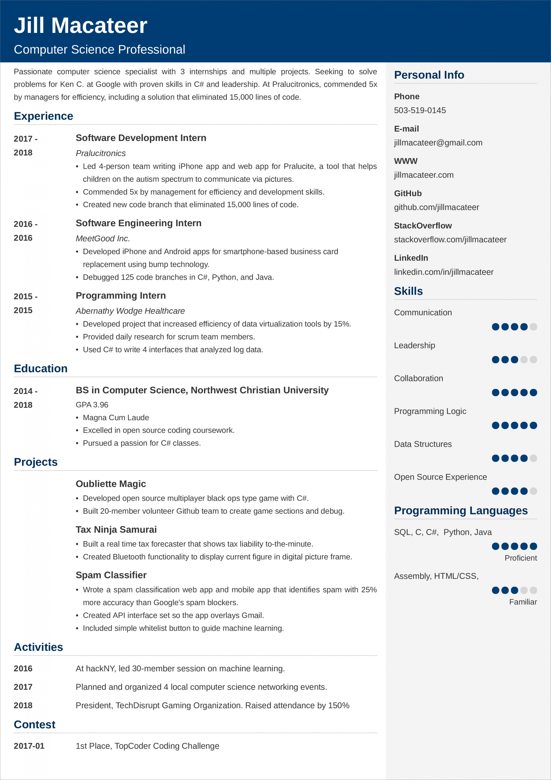 puter science resume template