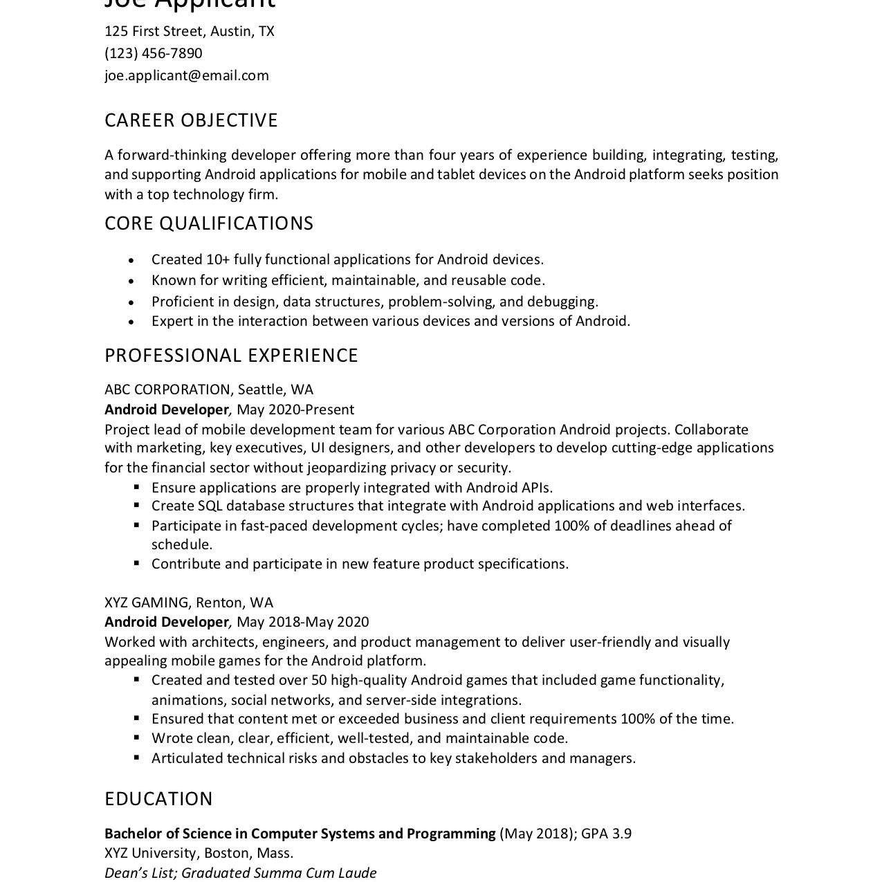 android developer resume example