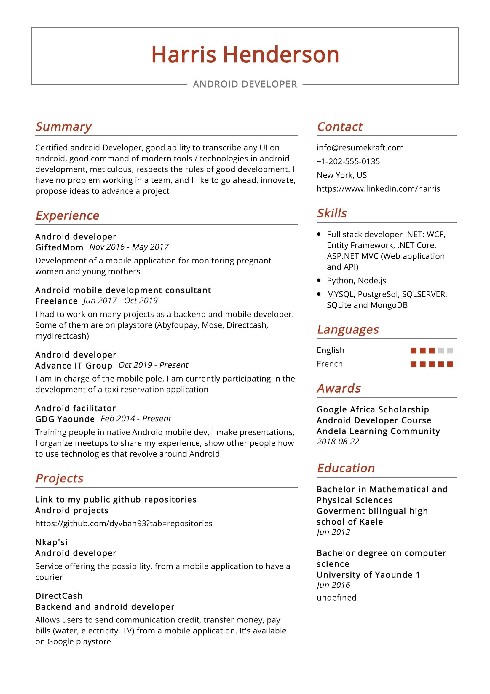 android developer resume sample