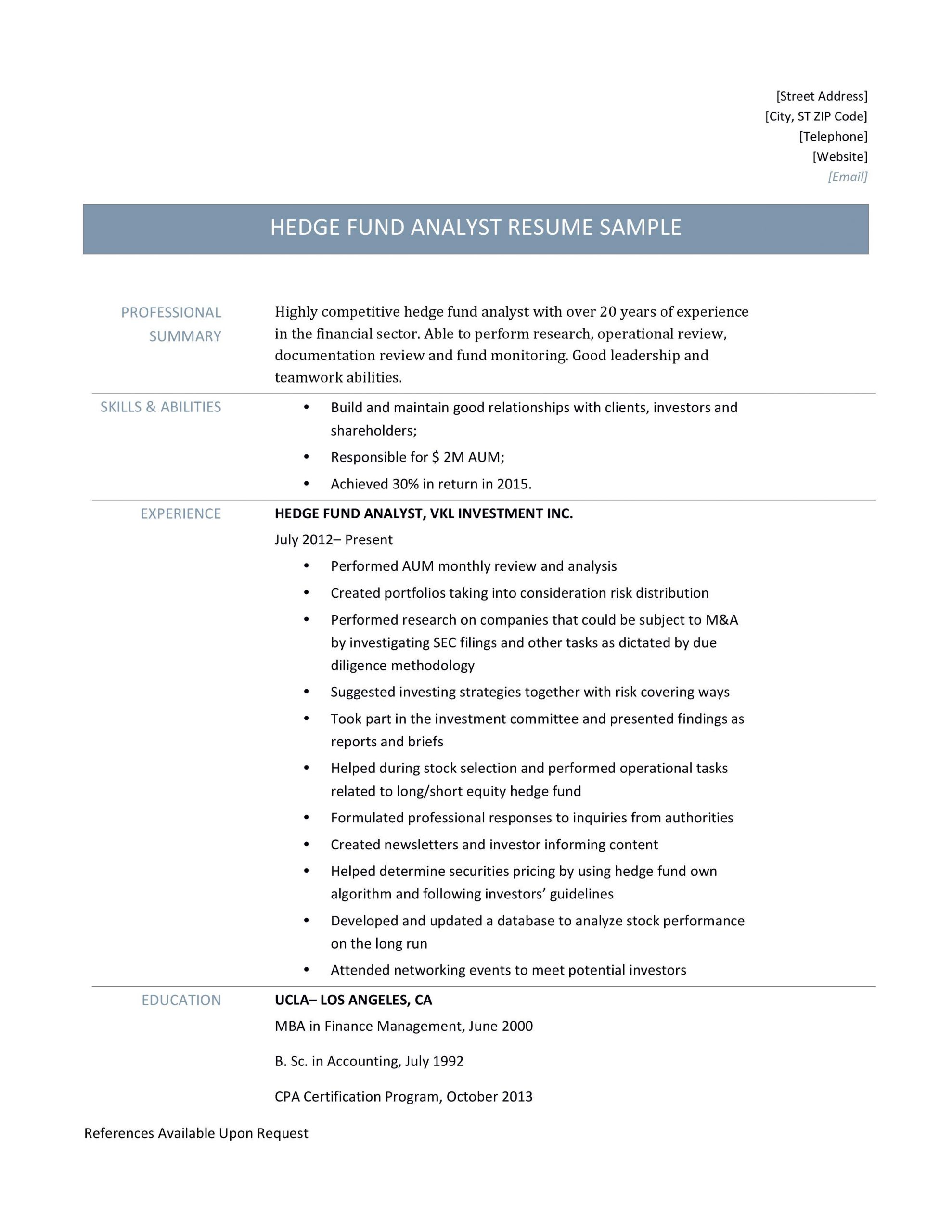 hedge fund resume sample