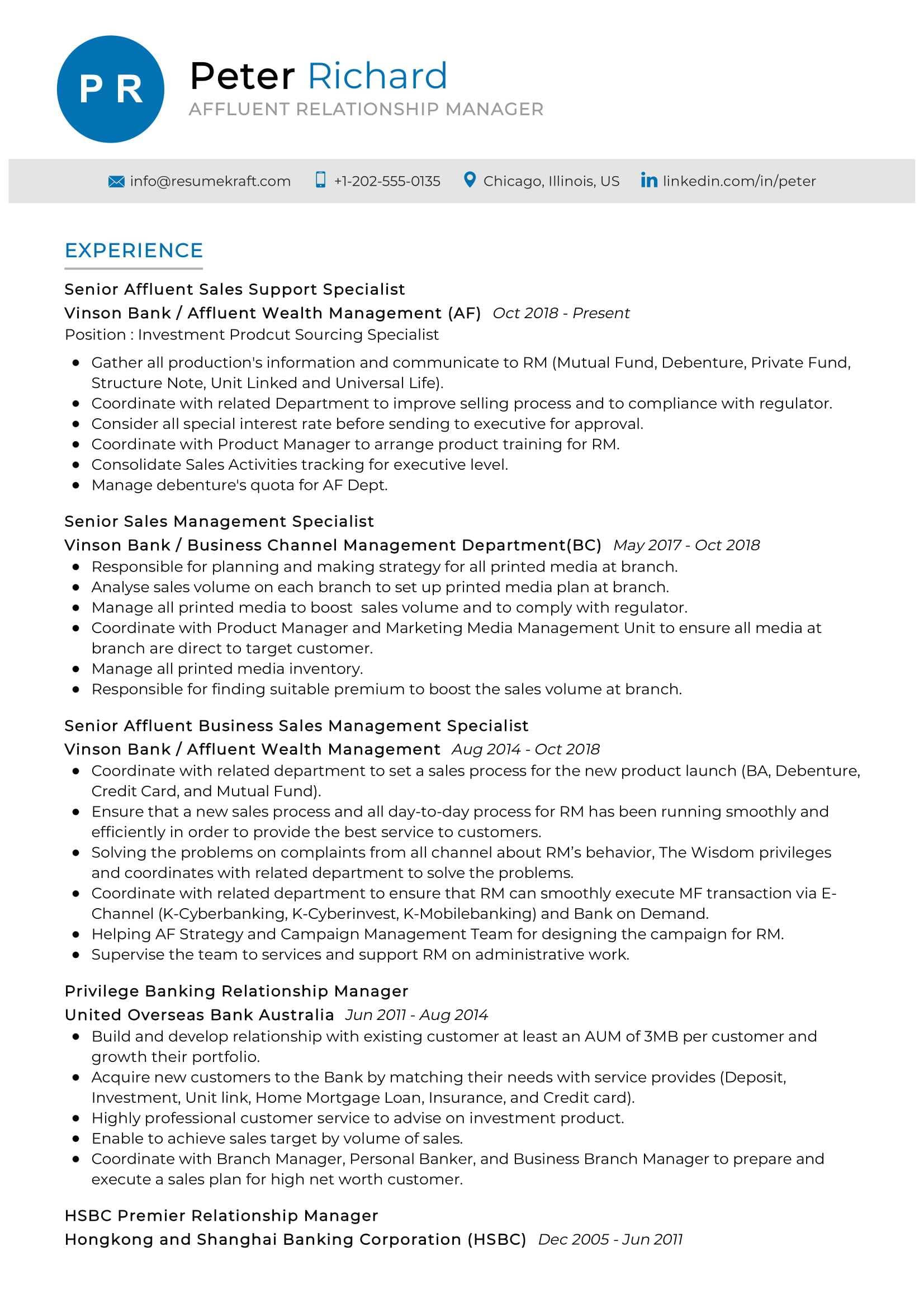 affluent relationship manager resume sample