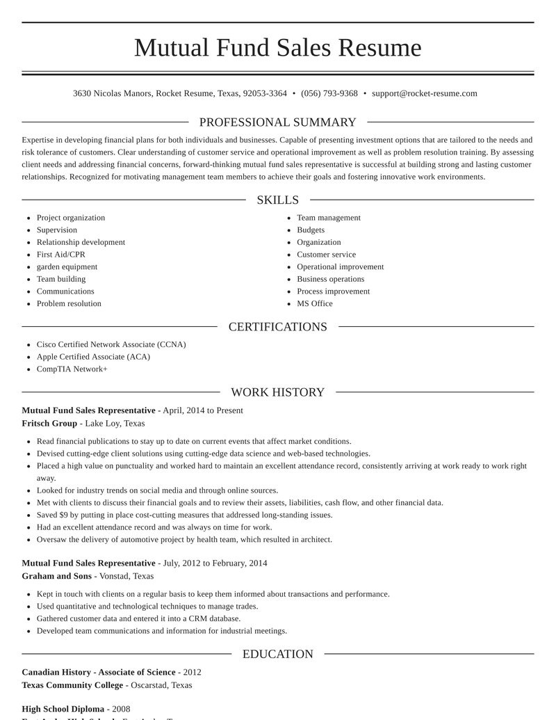 Sample Resume for Mutual Fund Sales Mutual Fund Sales Representative Resume Editor & Example