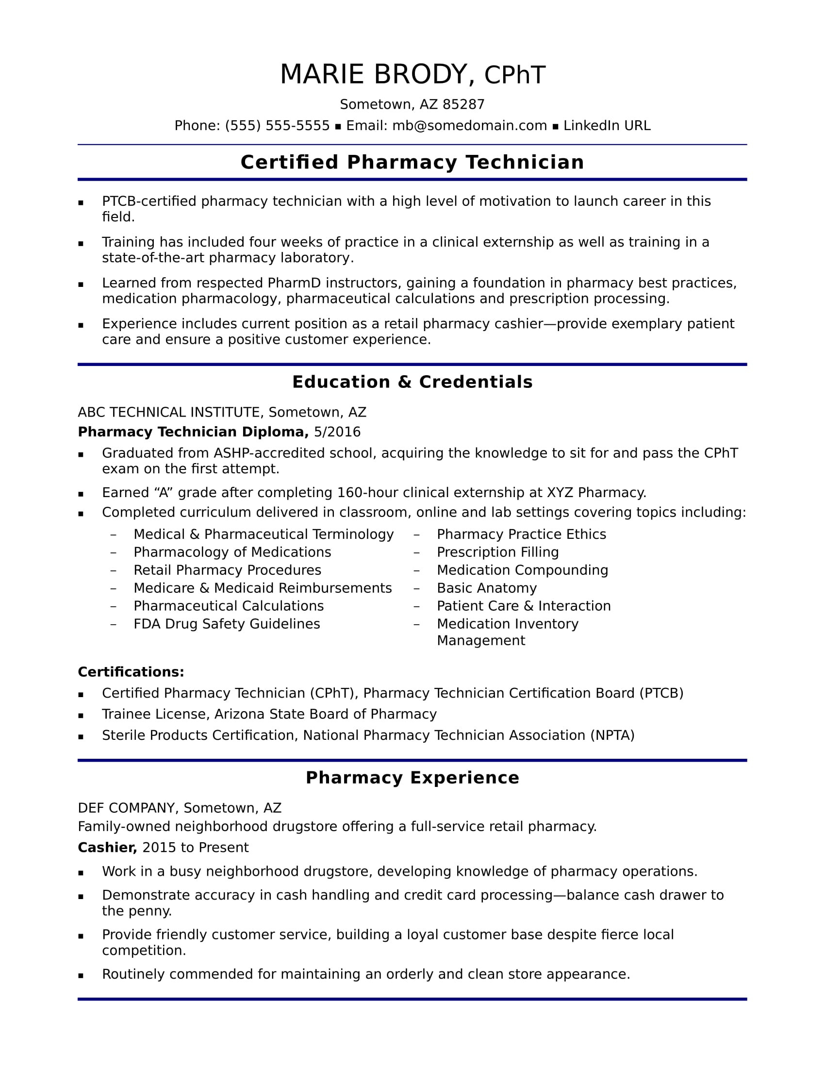 sample resume pharmacy technician entry level