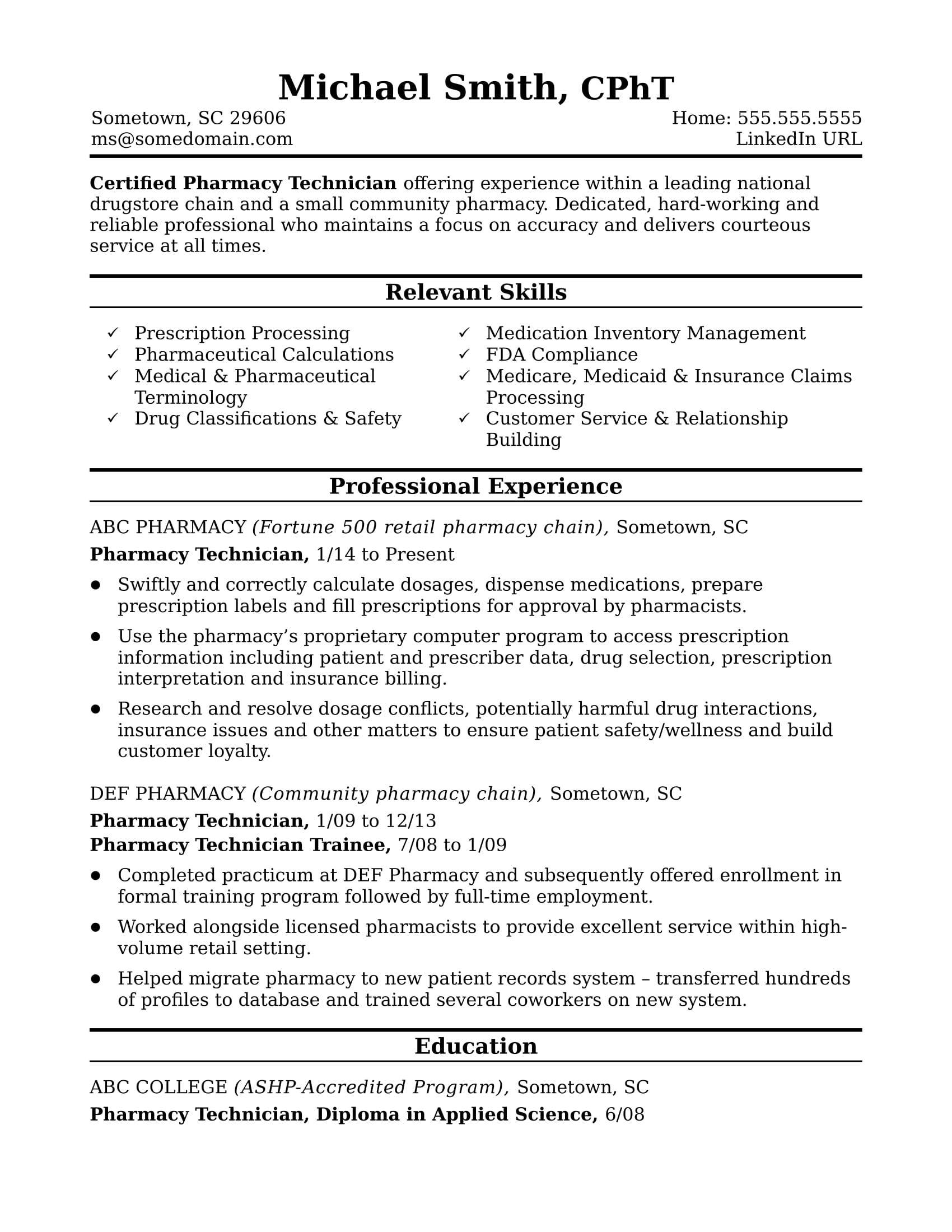 Sample Resume for Pharmacy Technician Position Midlevel Pharmacy Technician Resume Sample Monster.com