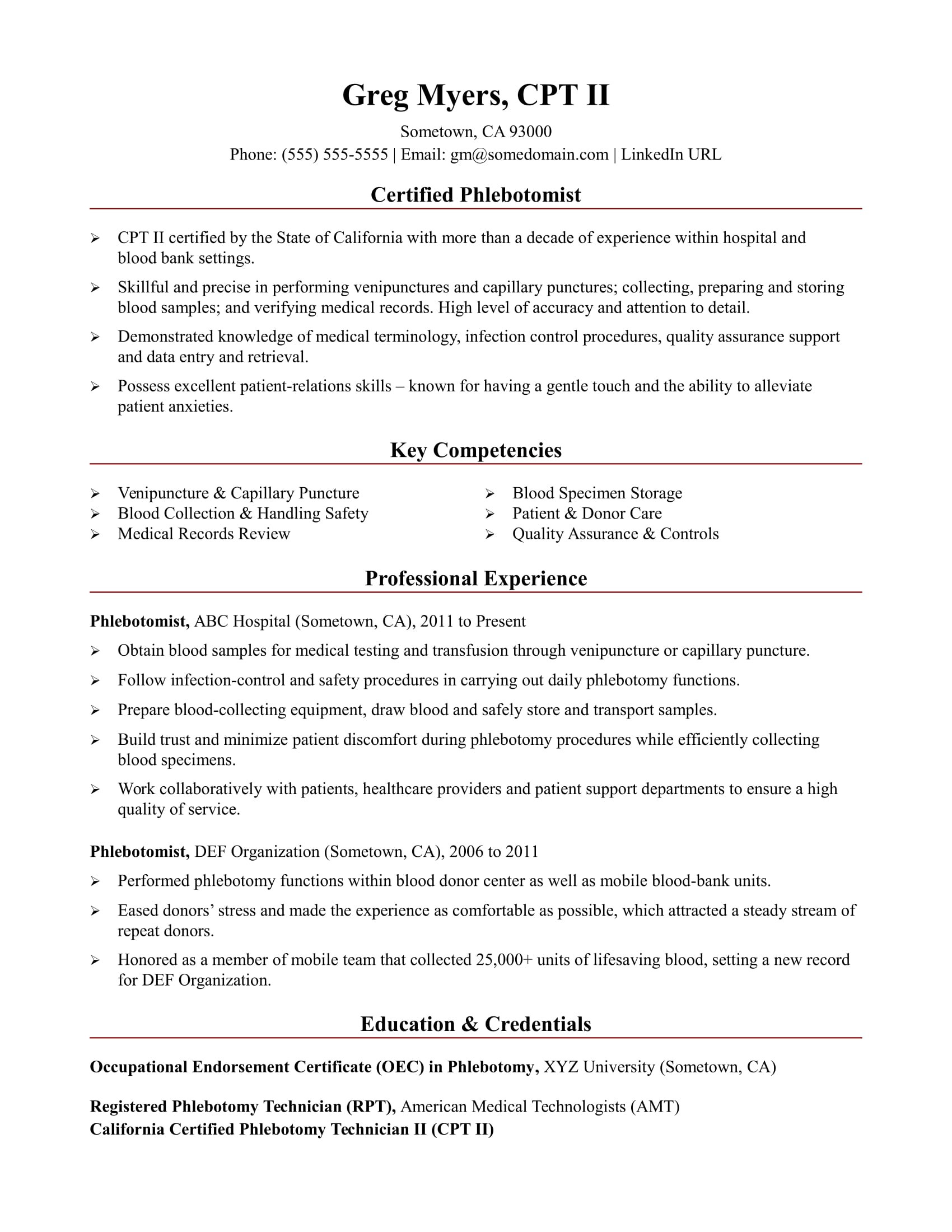 Sample Resume for Phlebotomy with No Experience Phlebotomist Resume Sample Monster.com