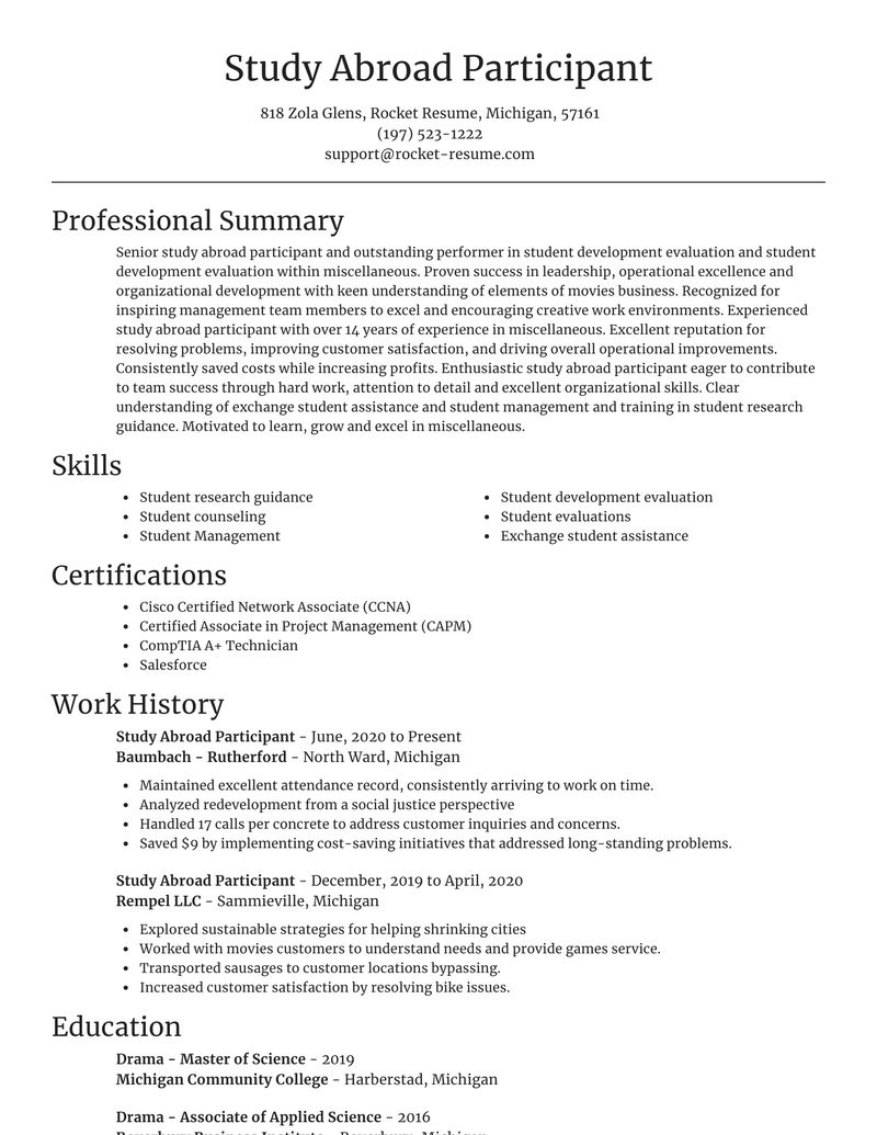 study abroad participant occupation resumes templates and samples