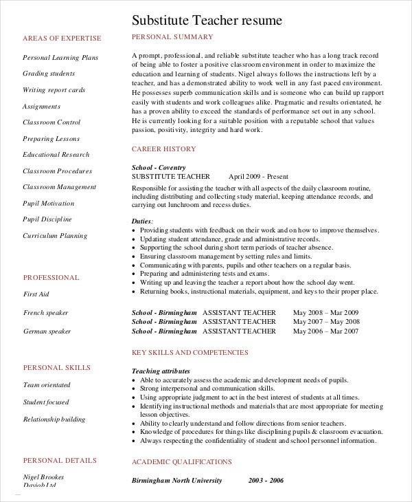 Sample Resume for Substitute Teacher with No Experience 9 Substitute Teacher Resume Templates Pdf Doc