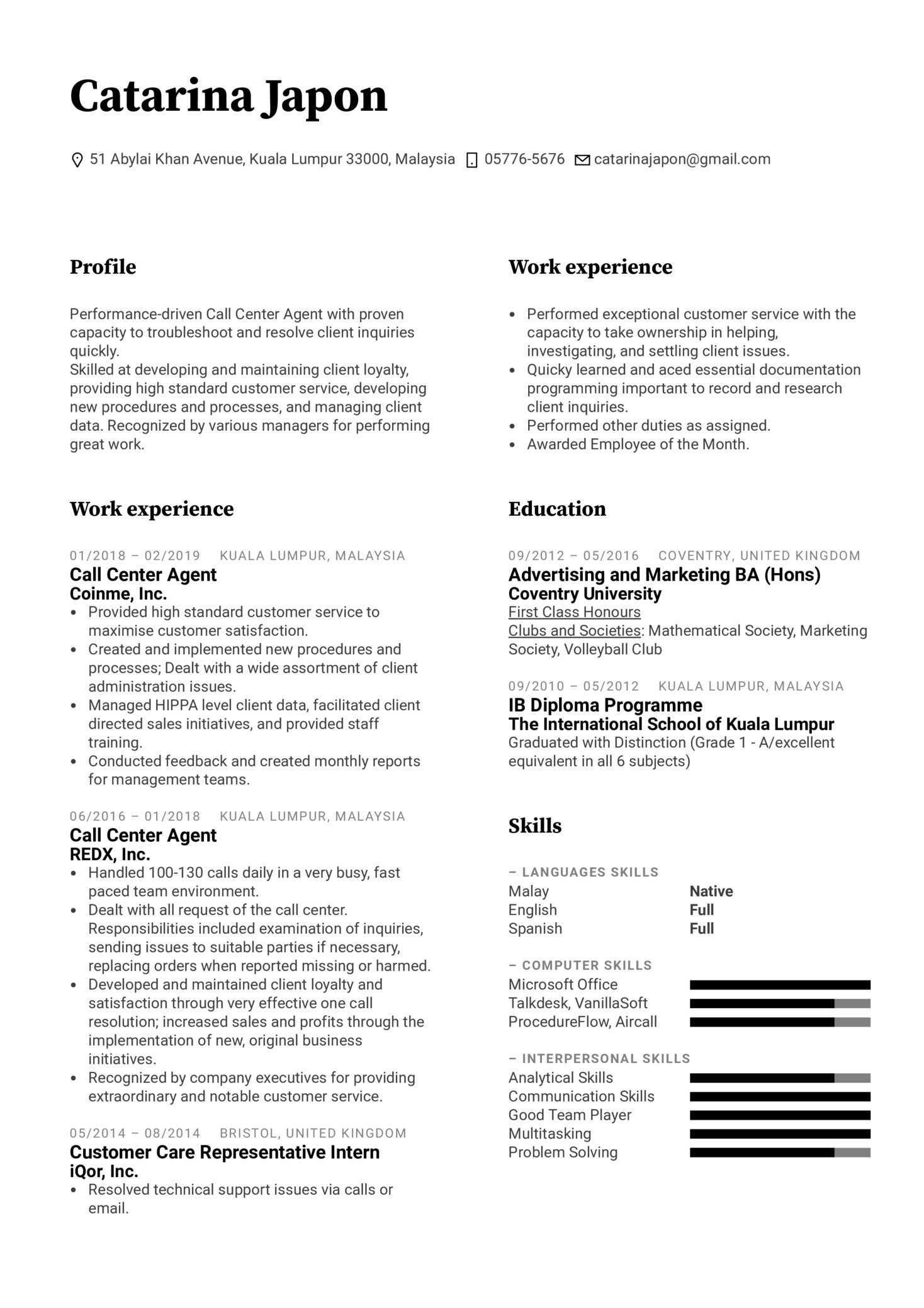 call center agent resume sample