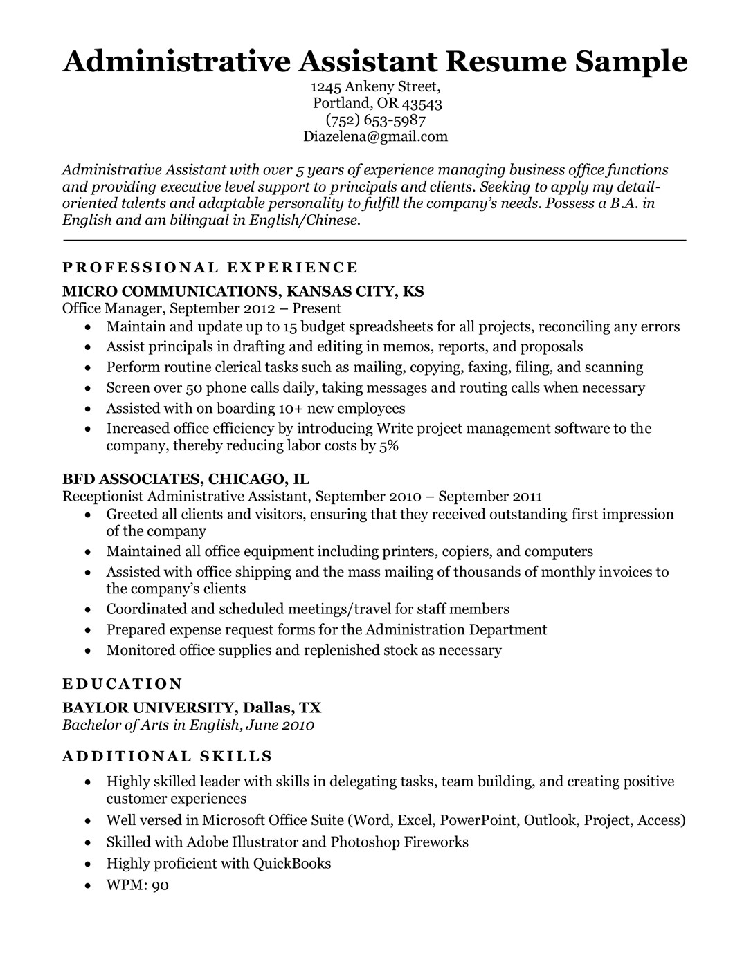 administrative assistant resume sample