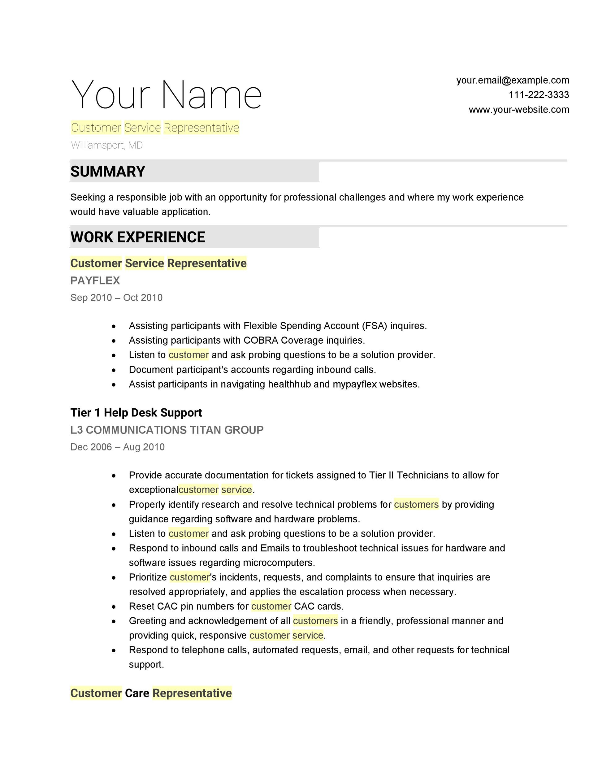 customer service resume