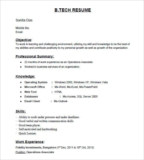 fresher resume template
