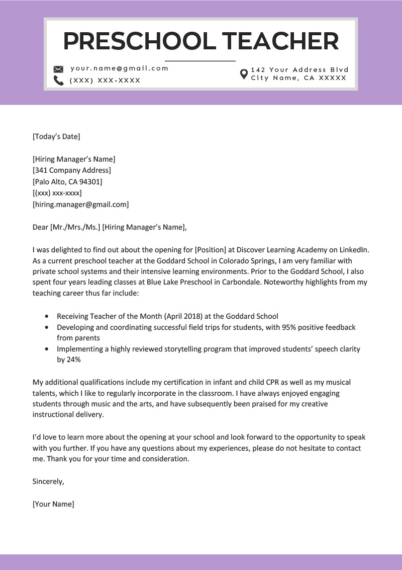 preschool teacher cover letter sample