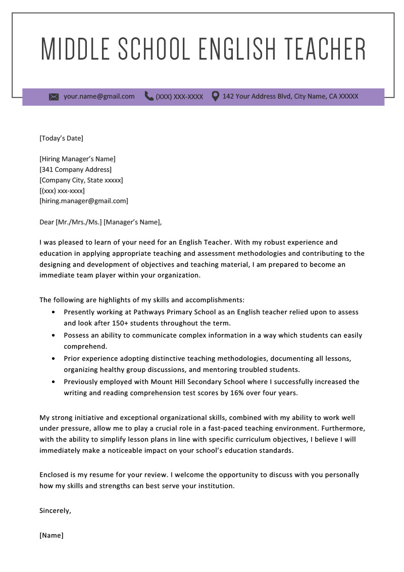 english teacher cover letter template