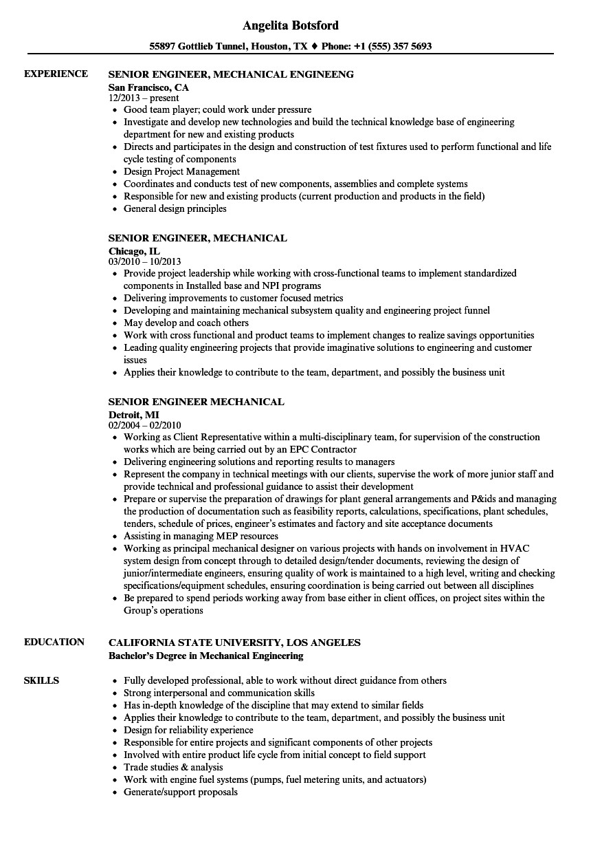 senior engineer mechanical resume sample