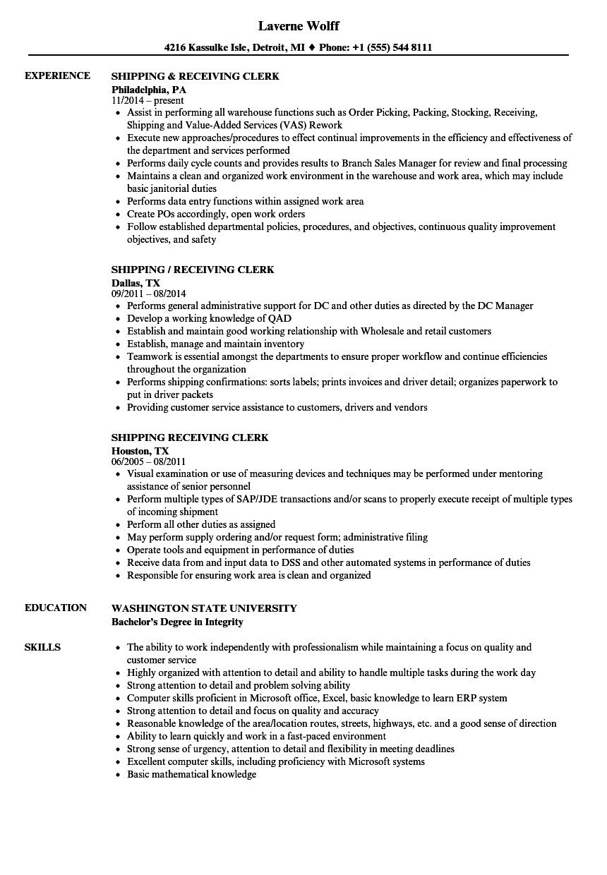 shipping receiving clerk resume sample