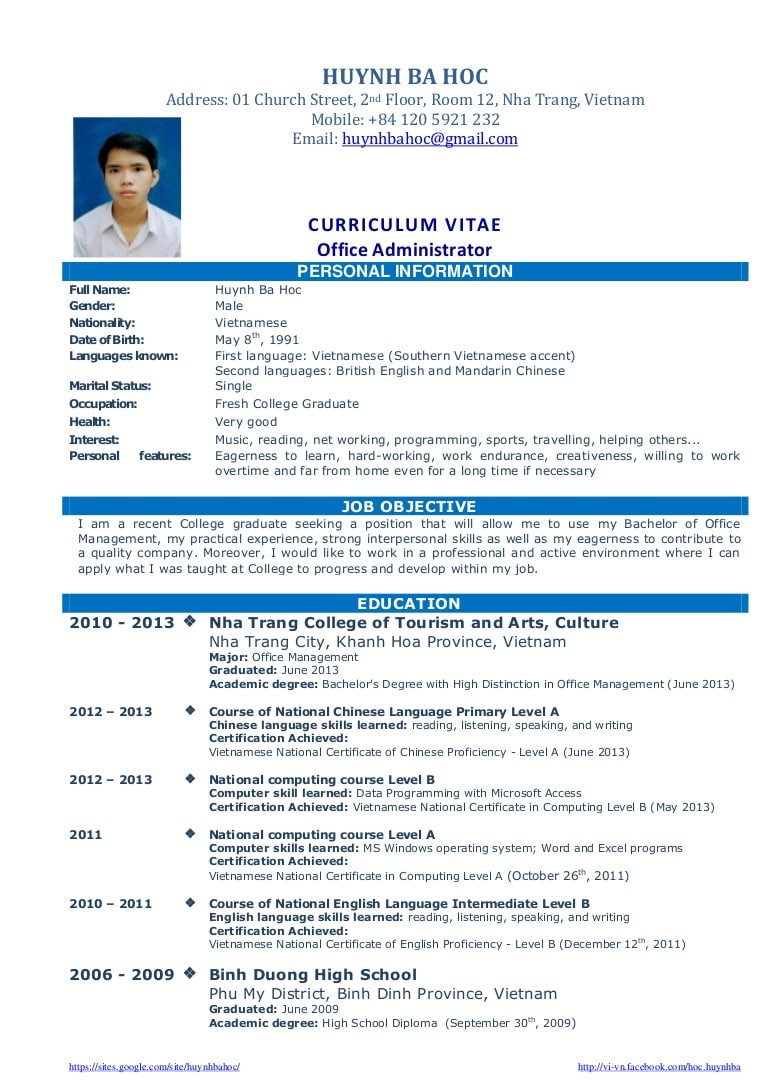 cv resume sample for fresh graduate of office administration