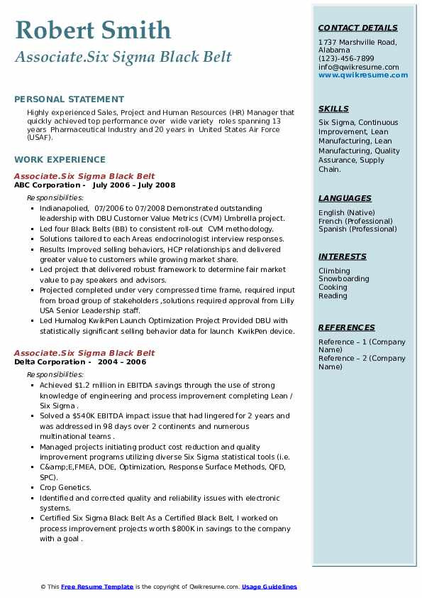 Six Sigma Black Belt Resume Sample Six Sigma Black Belt Resume Samples