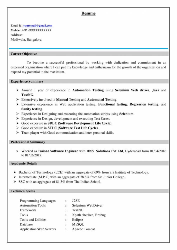 Software Tester Resume Sample for Freshers Best software Testing Resume Example for Freshers