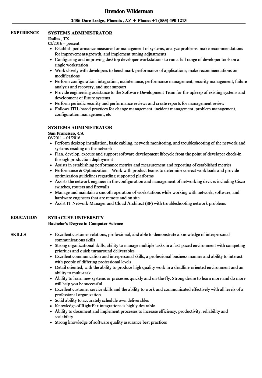 systems administrator resume sample