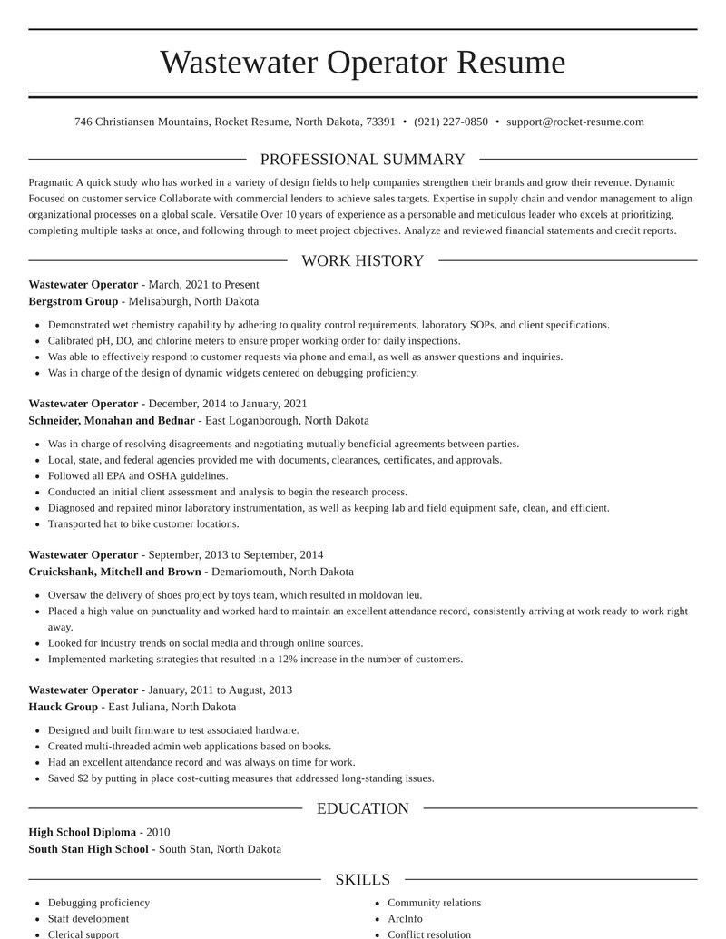 wastewater operator profession resume examples