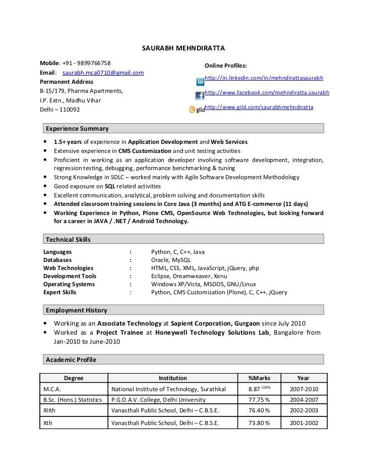 1 year experience resume format database