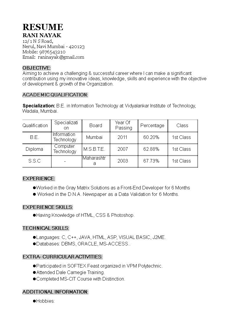 1 Year Experience Resume Sample Pdf 1 Year Experience Resume format