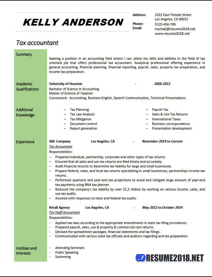 tax accountant resume example 2018