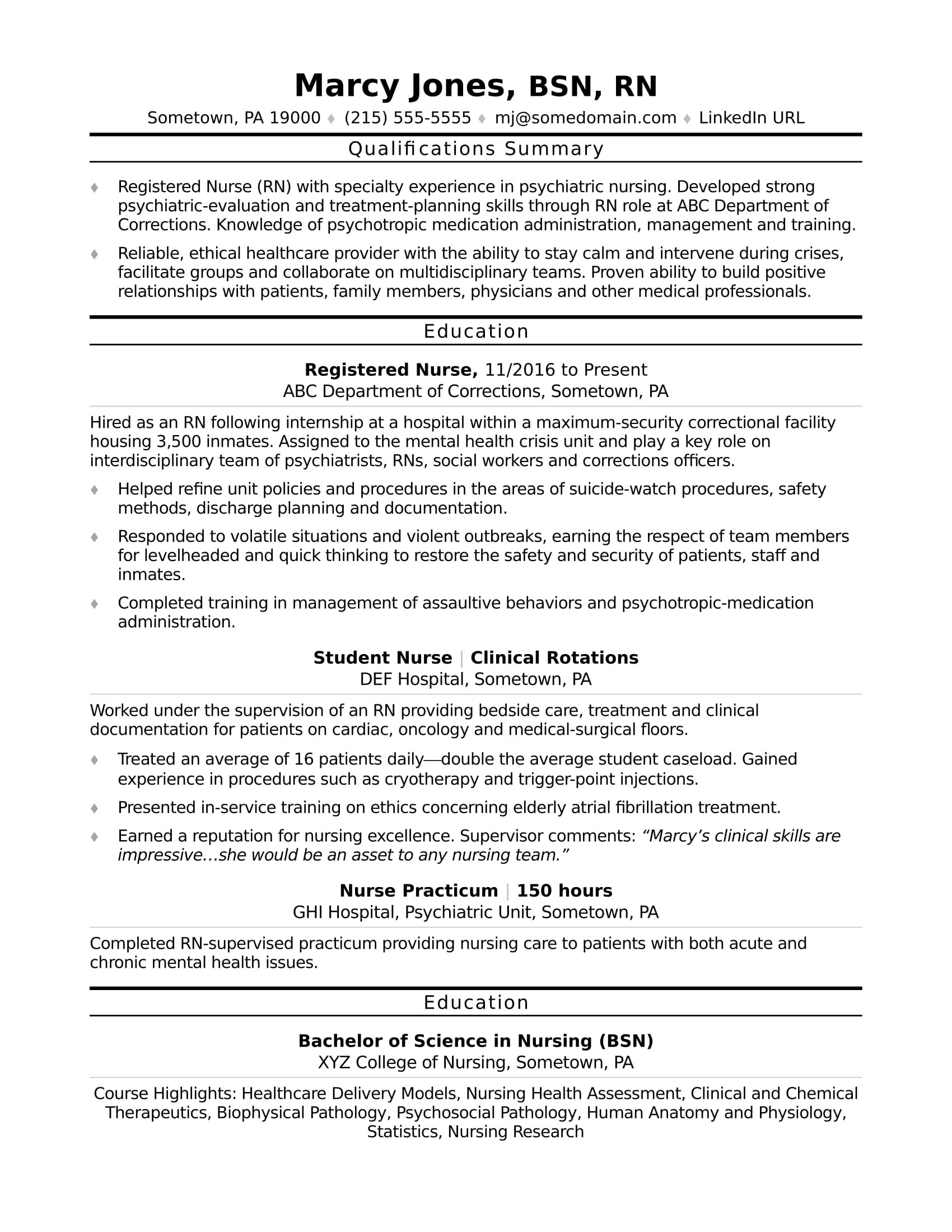 psychiatric nurse resume sample