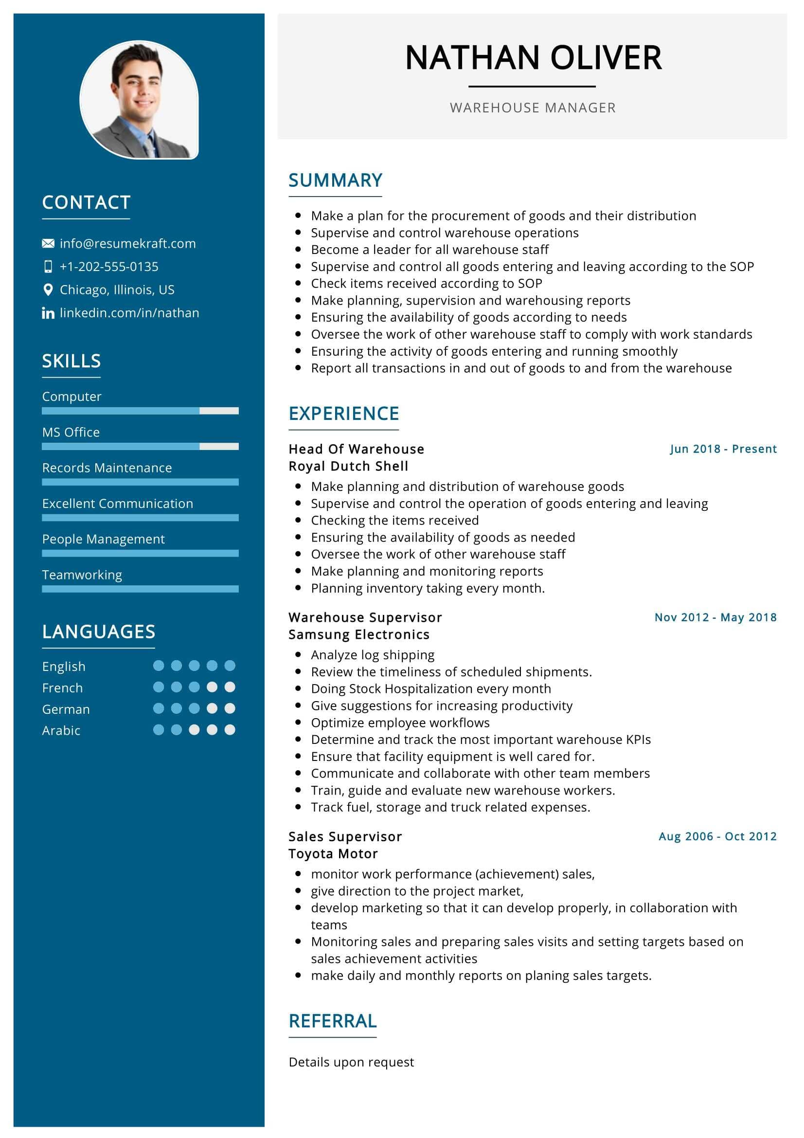 warehouse manager resume sample