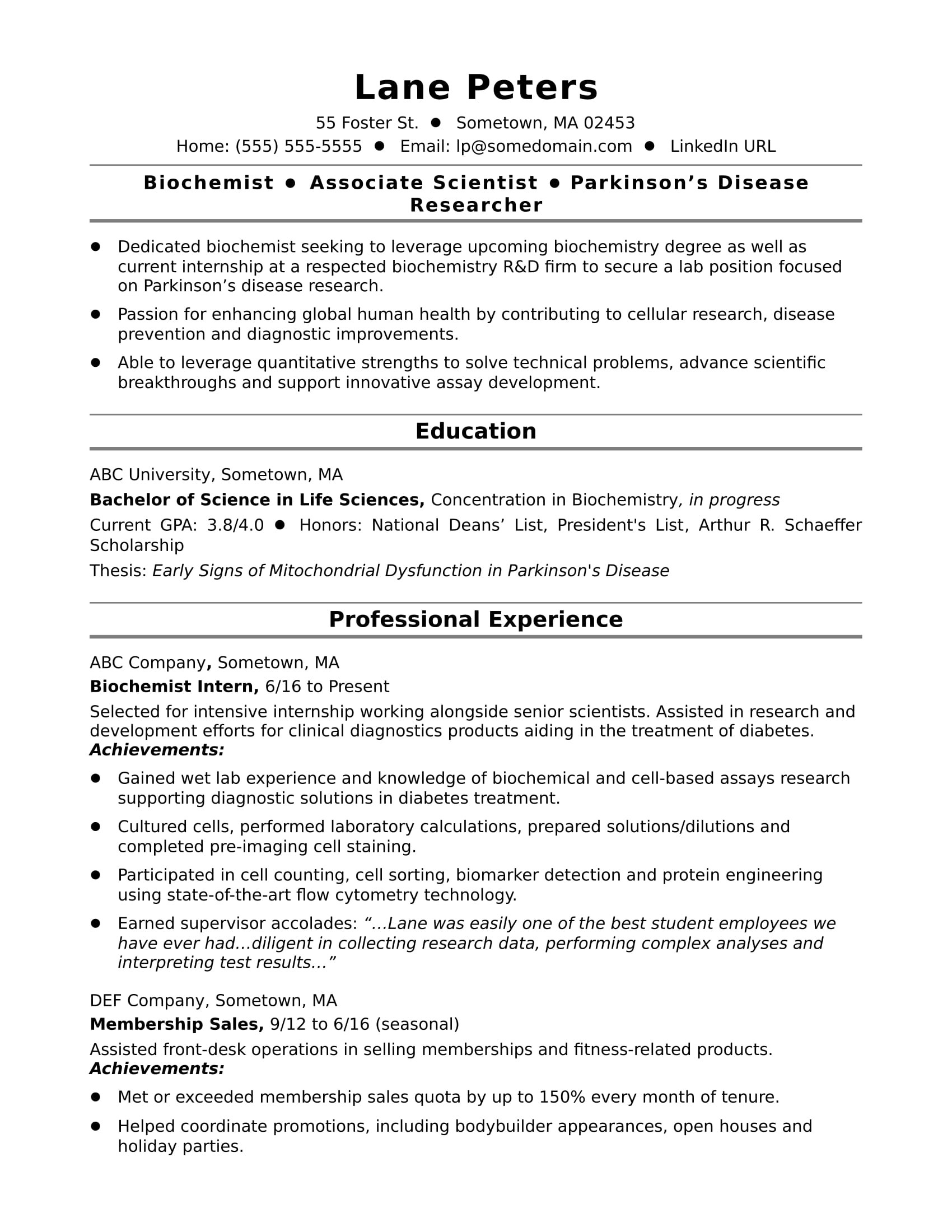sample resume biochemist entry level
