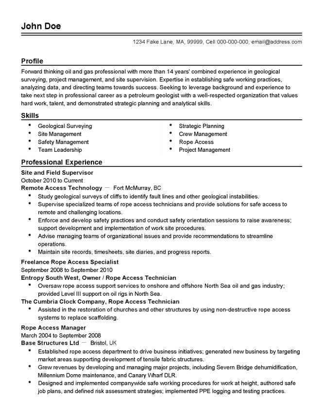 oil and gas resume template