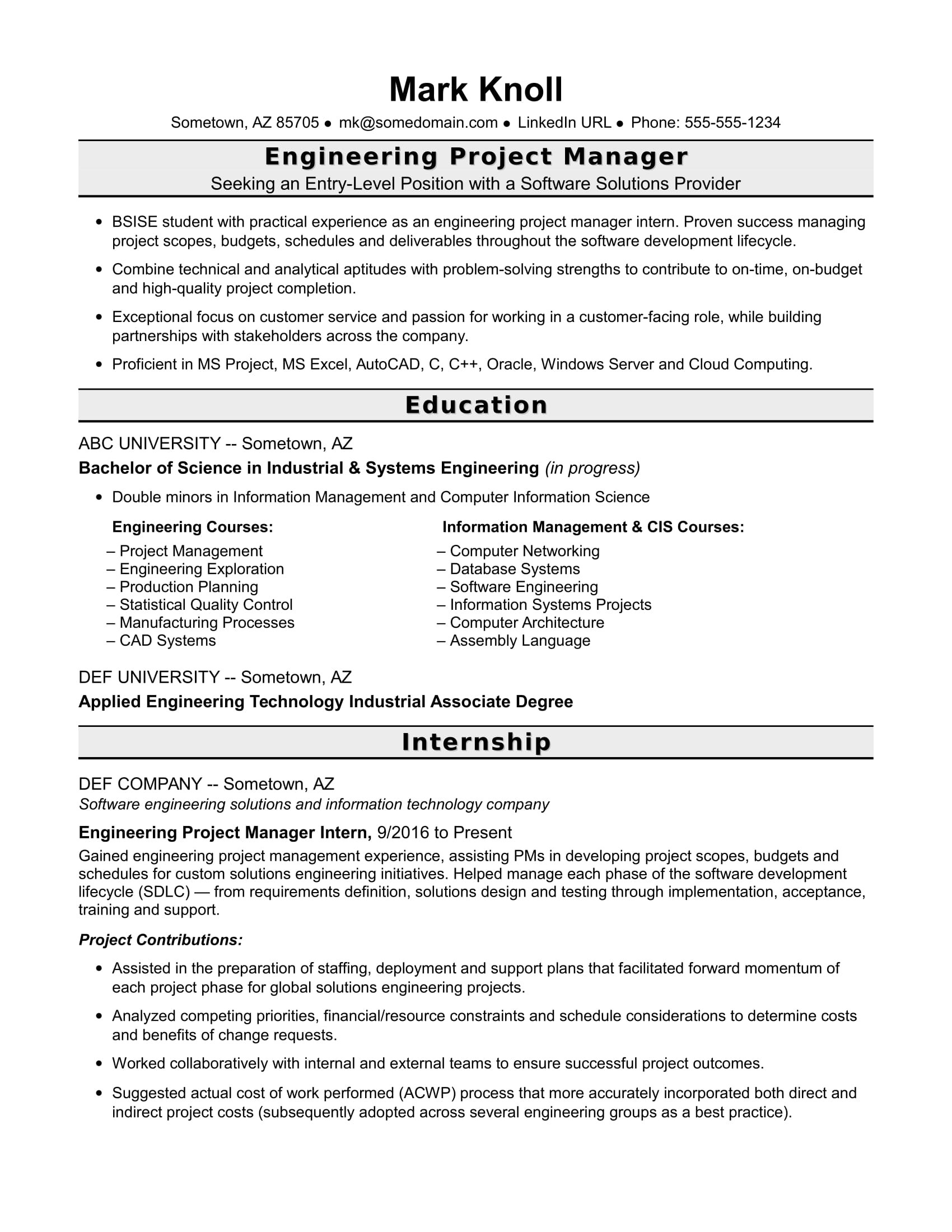 Entry Level Project Manager Resume Sample Entry Level Project Manager Resume for Engineers