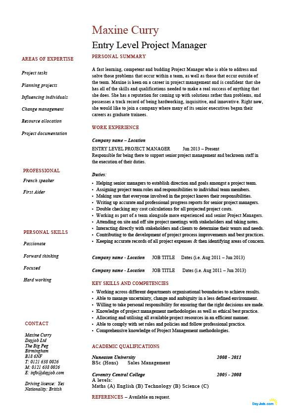 entry level project manager resume 1579