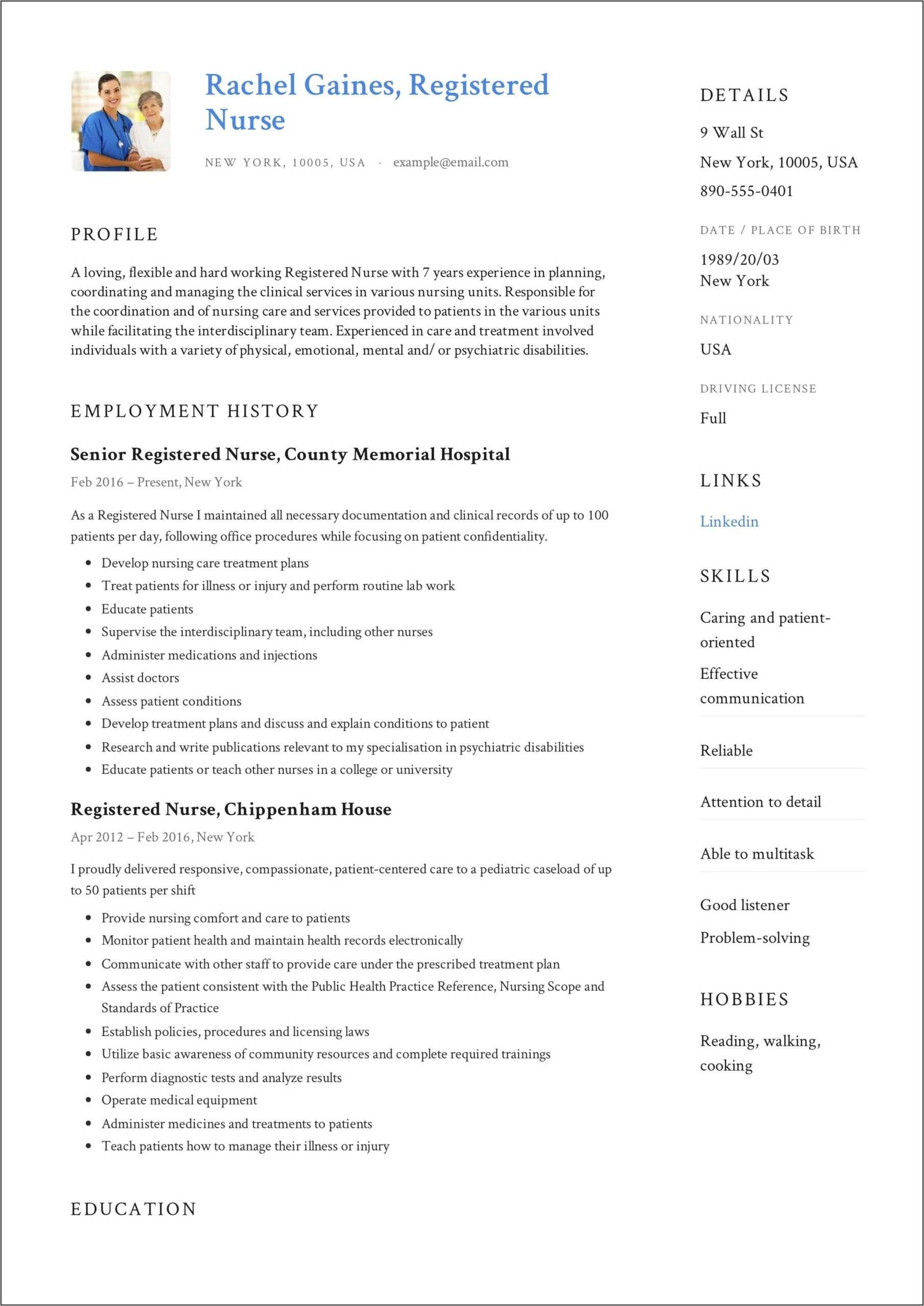 sample resume registered nurse entry level