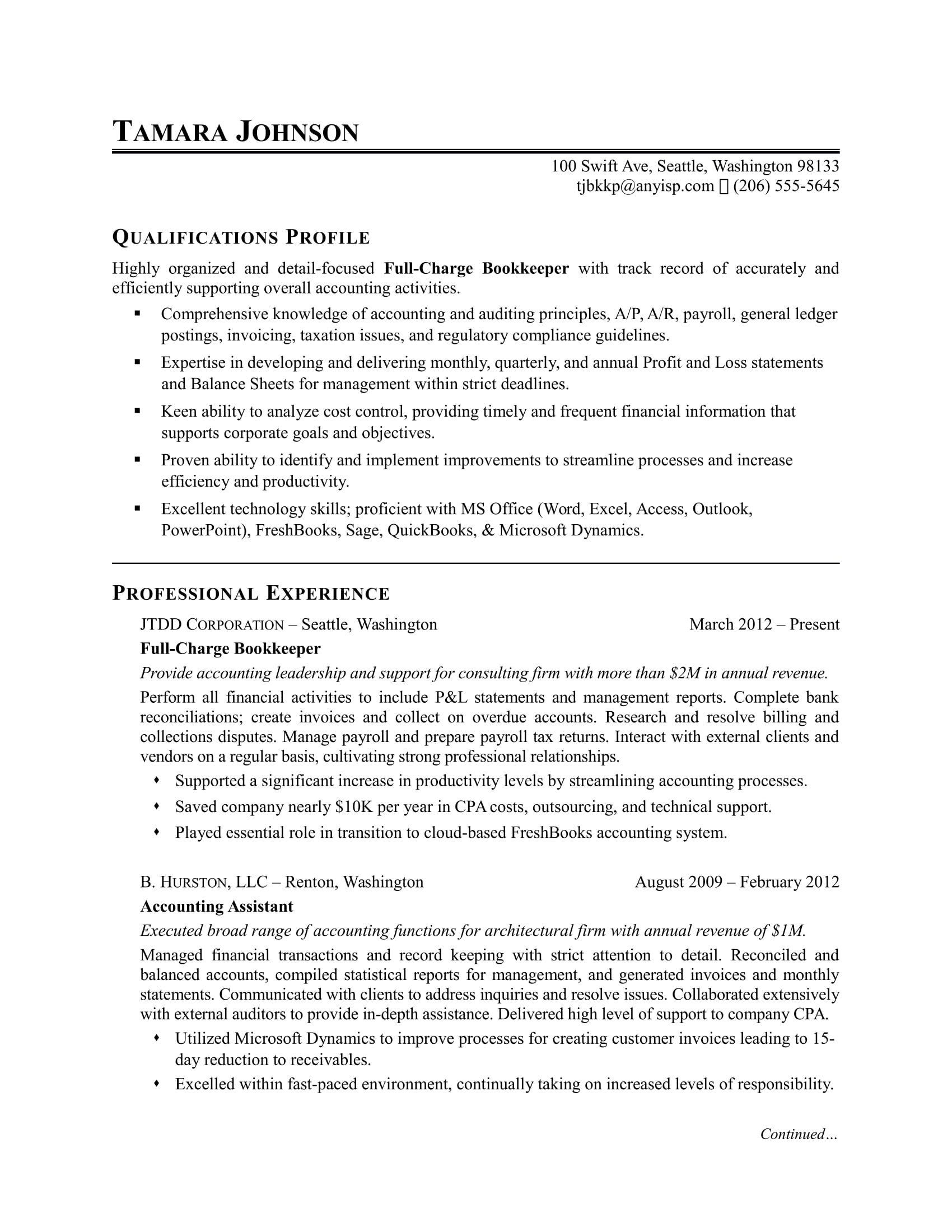 sample resume bookkeeper