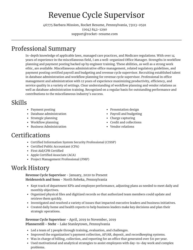 revenue cycle supervisor smart resume online copy