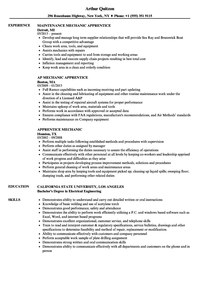 apprentice mechanic resume sample