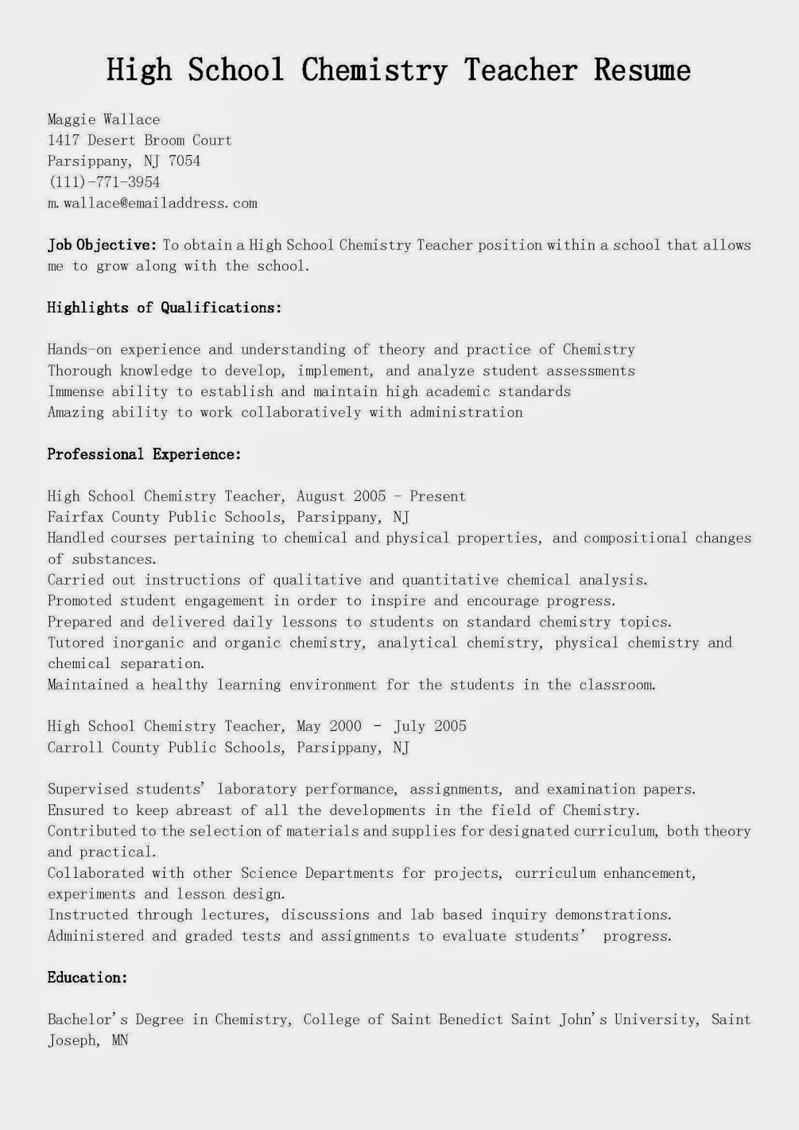 chemistry teacher cv templateml