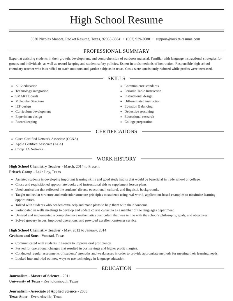 high school chemistry teacher professional resume creator content