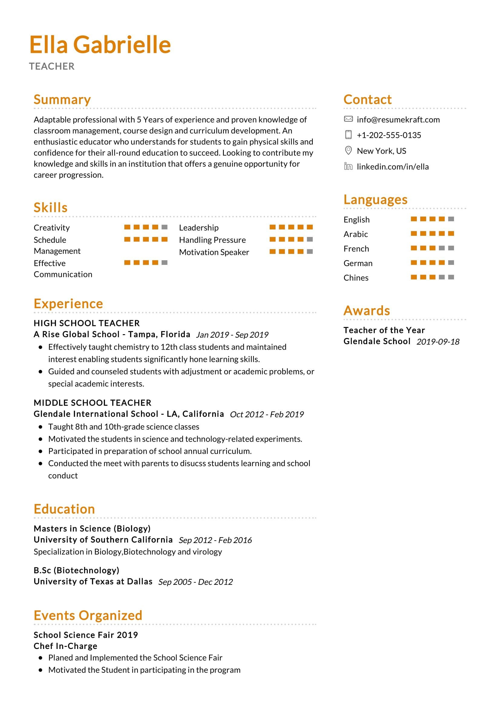 middle school teacher resume sample