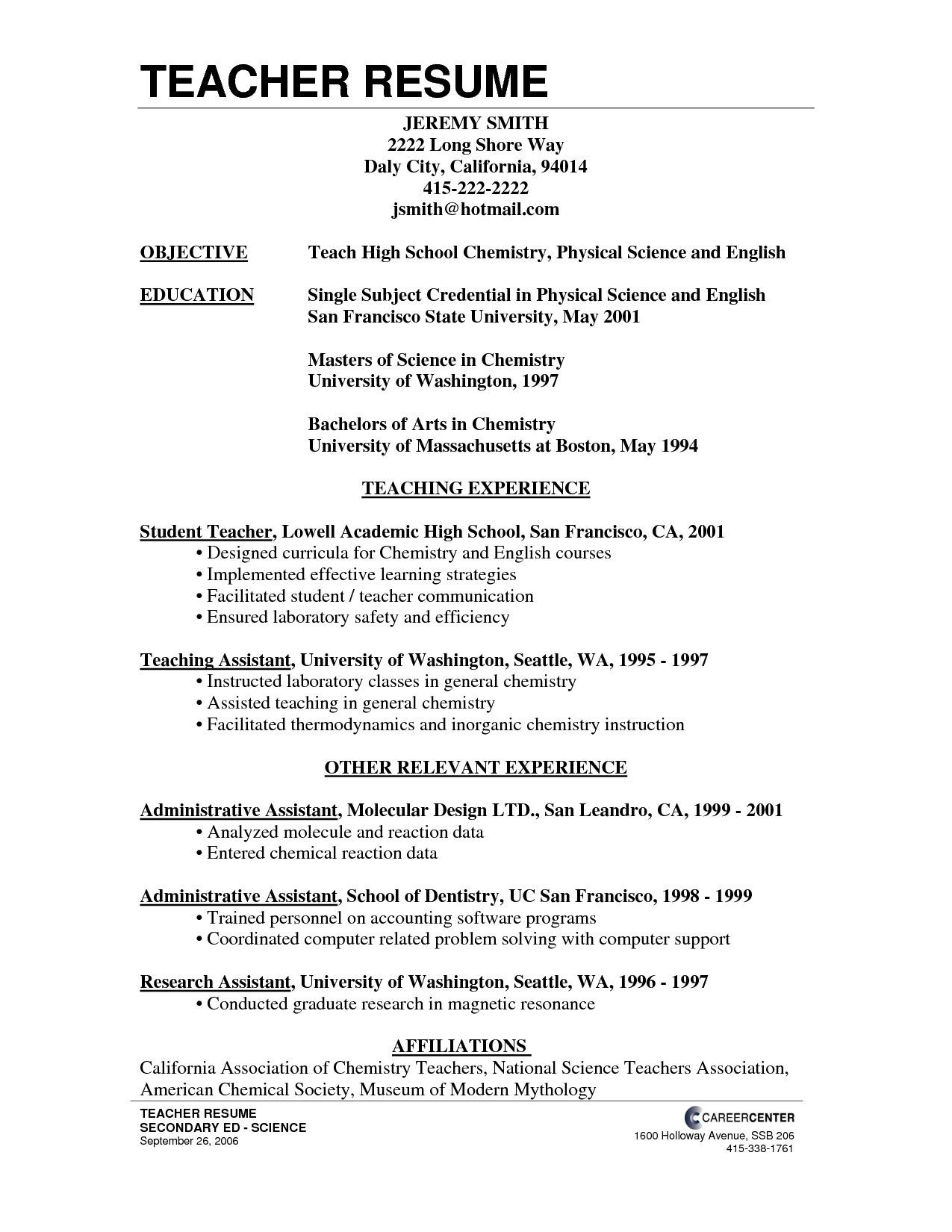 sample resume for teacher job 40ml