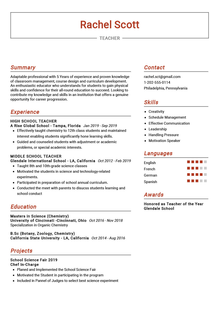 teacher resume example