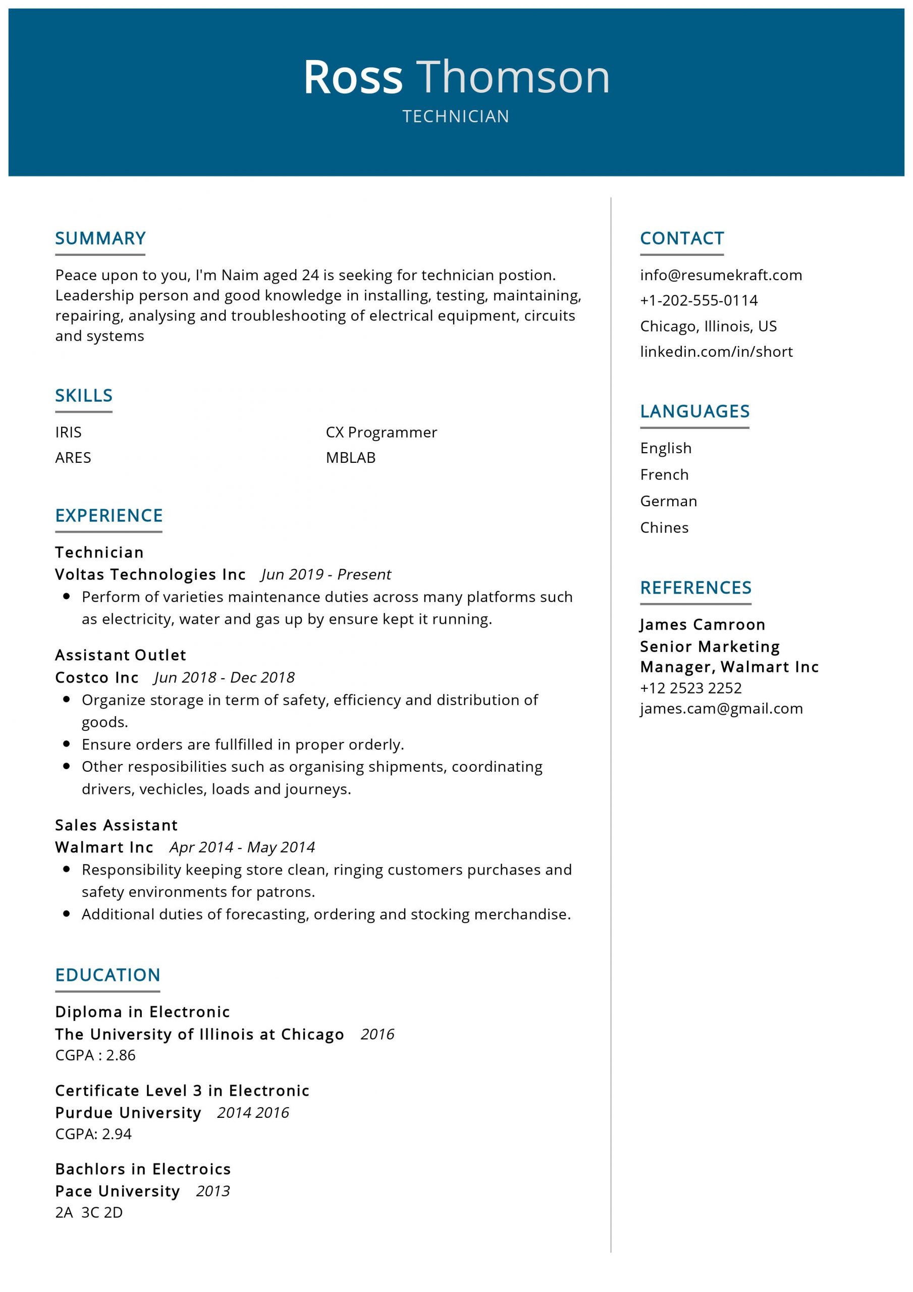 technician resume sample