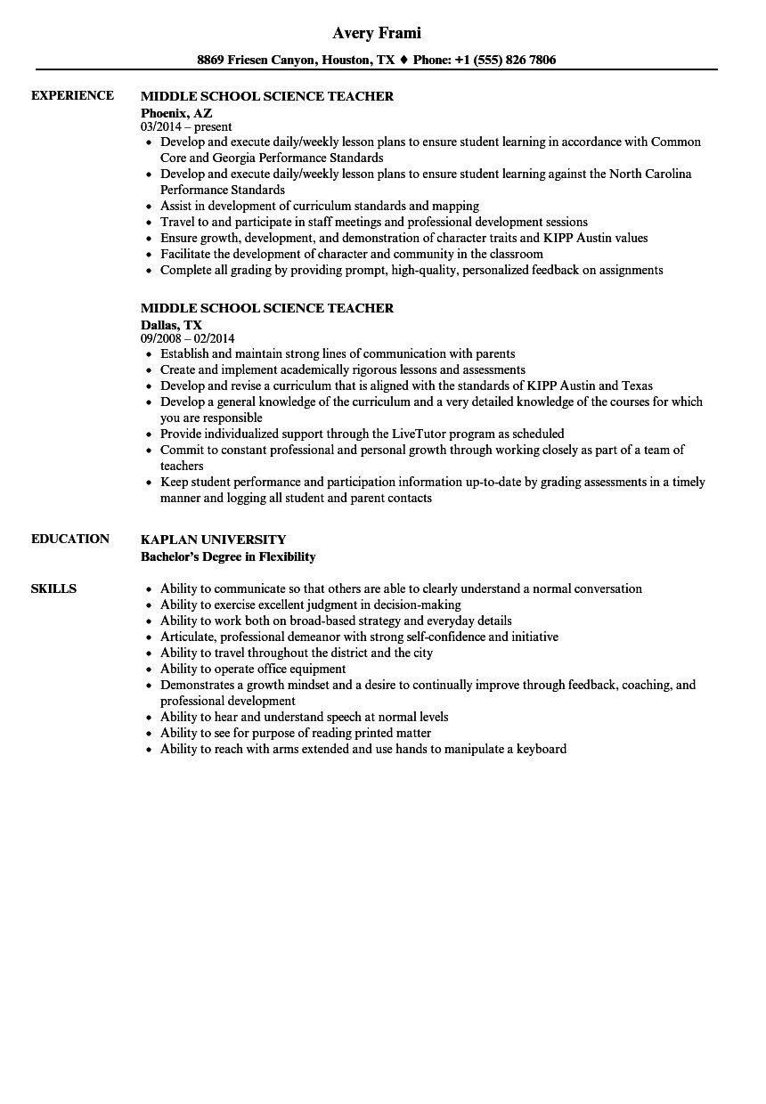 middle school science teacher resume sample