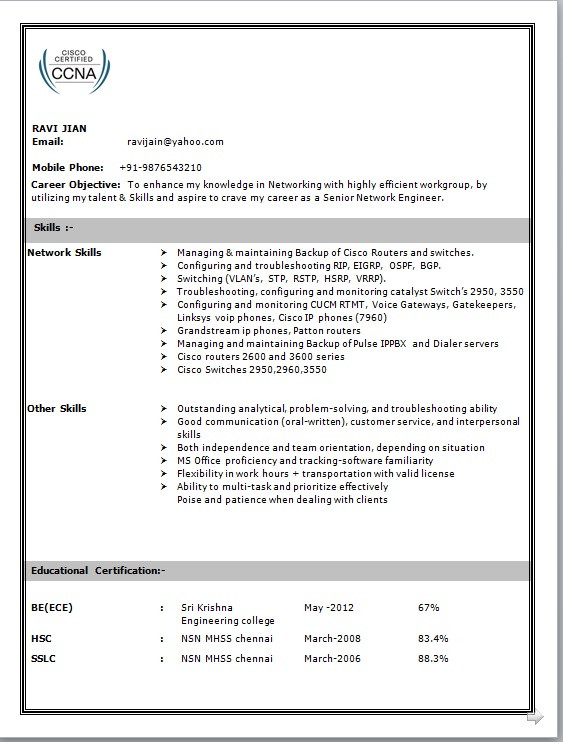 network engineer resume format