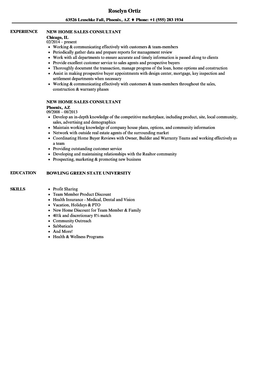 new home sales consultant resume sample